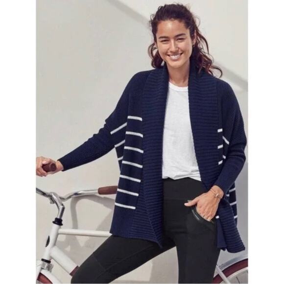 Athleta Cardigan Sweater L Women Peaceful Wrap Navy Blue White Stripe Nautical - Picture 1 of 12